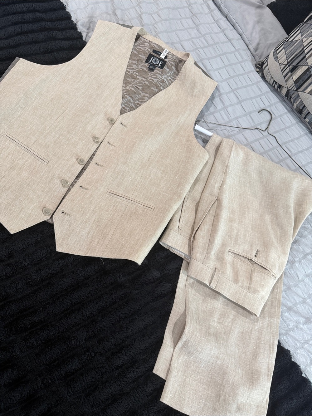 Neutral Beige Men's Linen Blend Vest & Pants Suit Set